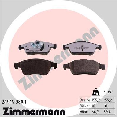 Zimmermann 24914.980.1 - Комплект спирачно феродо, дискови спирачки vvparts.bg