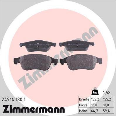 Zimmermann 24914.180.1 - Комплект спирачно феродо, дискови спирачки vvparts.bg