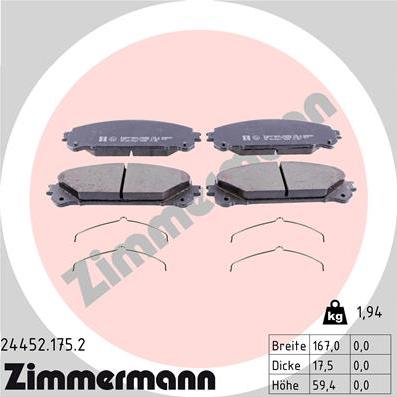 Zimmermann 24452.175.2 - Комплект спирачно феродо, дискови спирачки vvparts.bg