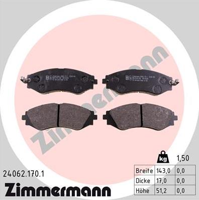 Zimmermann 24062.170.1 - Комплект спирачно феродо, дискови спирачки vvparts.bg