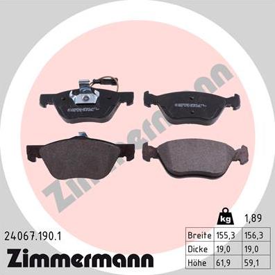 Zimmermann 24067.190.1 - Комплект спирачно феродо, дискови спирачки vvparts.bg