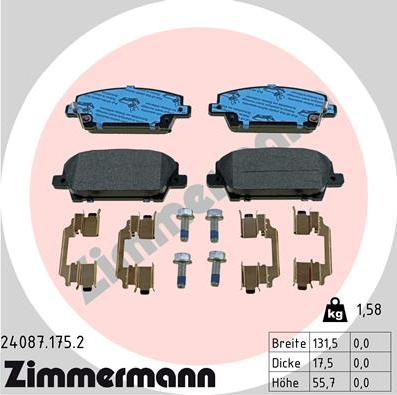 Zimmermann 24087.175.2 - Комплект спирачно феродо, дискови спирачки vvparts.bg