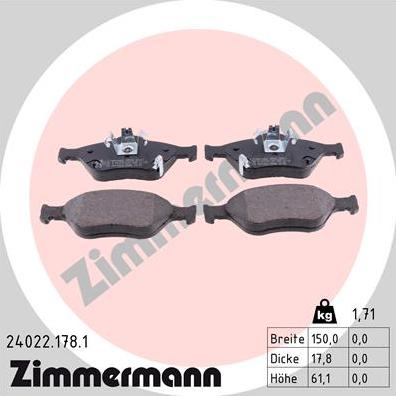 Zimmermann 24022.178.1 - Комплект спирачно феродо, дискови спирачки vvparts.bg