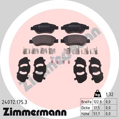 Zimmermann 24072.175.3 - Комплект спирачно феродо, дискови спирачки vvparts.bg