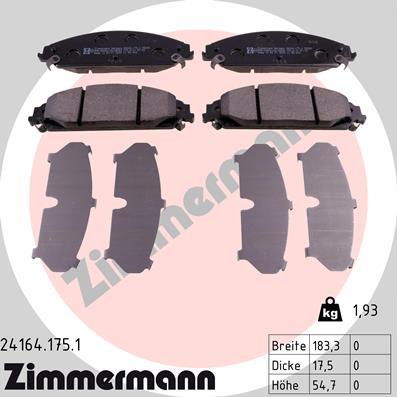 Zimmermann 24164.175.1 - Комплект спирачно феродо, дискови спирачки vvparts.bg