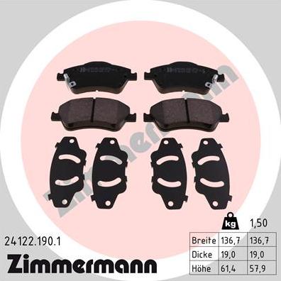 Zimmermann 24122.190.1 - Комплект спирачно феродо, дискови спирачки vvparts.bg