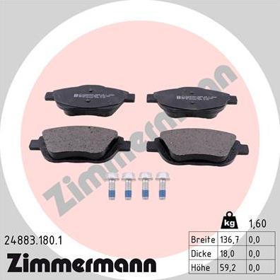 Zimmermann 24883.180.1 - Комплект спирачно феродо, дискови спирачки vvparts.bg