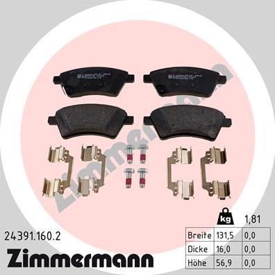 Zimmermann 24391.160.2 - Комплект спирачно феродо, дискови спирачки vvparts.bg