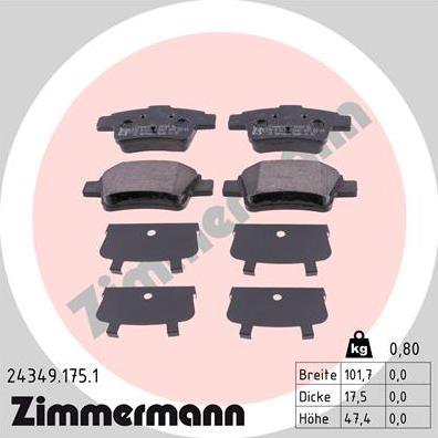 Zimmermann 24349.175.1 - Комплект спирачно феродо, дискови спирачки vvparts.bg