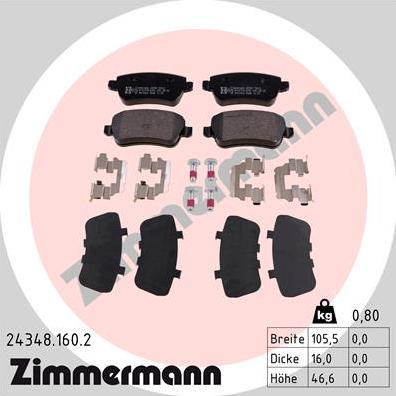 Zimmermann 24348.160.2 - Комплект спирачно феродо, дискови спирачки vvparts.bg