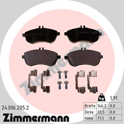 Zimmermann 24306.205.2 - Комплект спирачно феродо, дискови спирачки vvparts.bg