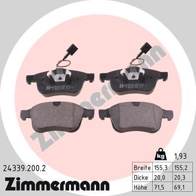 Zimmermann 24339.200.2 - Комплект спирачно феродо, дискови спирачки vvparts.bg