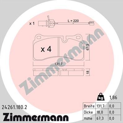 Zimmermann 24261.180.2 - Комплект спирачно феродо, дискови спирачки vvparts.bg