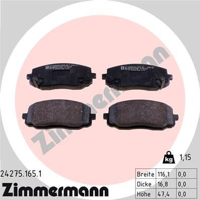 Zimmermann 24275.165.1 - Комплект спирачно феродо, дискови спирачки vvparts.bg