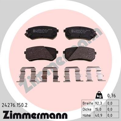 Zimmermann 24276.150.2 - Комплект спирачно феродо, дискови спирачки vvparts.bg