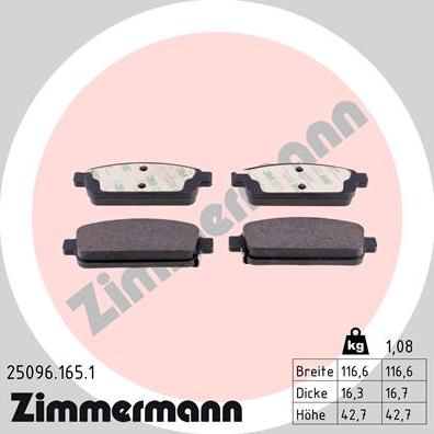 Zimmermann 25096.165.1 - Комплект спирачно феродо, дискови спирачки vvparts.bg