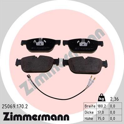 Zimmermann 25069.170.2 - Комплект спирачно феродо, дискови спирачки vvparts.bg