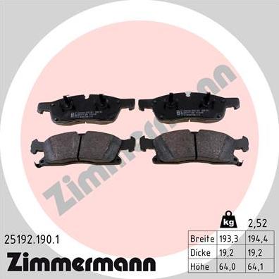 Zimmermann 25192.190.1 - Комплект спирачно феродо, дискови спирачки vvparts.bg