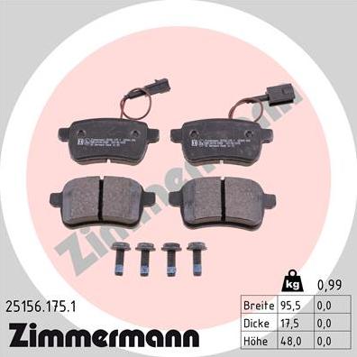Zimmermann 25156.175.1 - Комплект спирачно феродо, дискови спирачки vvparts.bg
