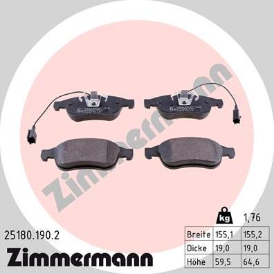 Zimmermann 25180.190.2 - Комплект спирачно феродо, дискови спирачки vvparts.bg