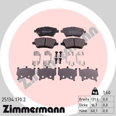 Zimmermann 25134.170.2 - Комплект спирачно феродо, дискови спирачки vvparts.bg