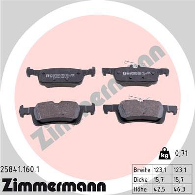 Zimmermann 25841.160.1 - Комплект спирачно феродо, дискови спирачки vvparts.bg