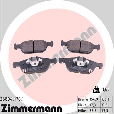Zimmermann 25804.170.1 - Комплект спирачно феродо, дискови спирачки vvparts.bg