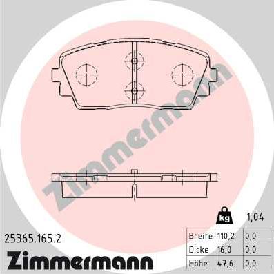 Zimmermann 25365.165.2 - Комплект спирачно феродо, дискови спирачки vvparts.bg