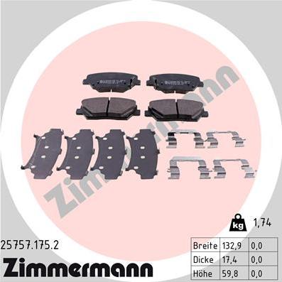 Zimmermann 25757.175.2 - Комплект спирачно феродо, дискови спирачки vvparts.bg