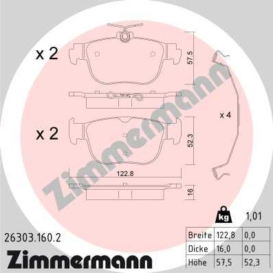 Zimmermann 26303.160.2 - Комплект спирачно феродо, дискови спирачки vvparts.bg