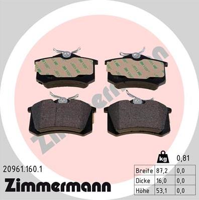Zimmermann 20961.160.1 - Комплект спирачно феродо, дискови спирачки vvparts.bg