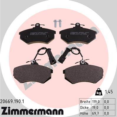 Zimmermann 20669.190.1 - Комплект спирачно феродо, дискови спирачки vvparts.bg