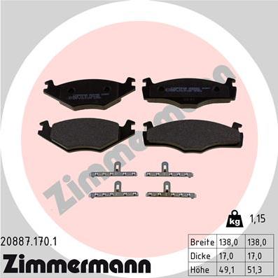 Zimmermann 20887.170.1 - Комплект спирачно феродо, дискови спирачки vvparts.bg