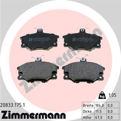 Zimmermann 20833.175.1 - Комплект спирачно феродо, дискови спирачки vvparts.bg