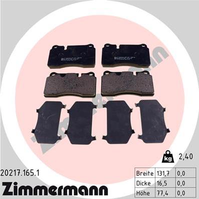 Zimmermann 20217.165.1 - Комплект спирачно феродо, дискови спирачки vvparts.bg