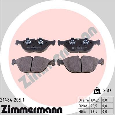 Zimmermann 21484.205.1 - Комплект спирачно феродо, дискови спирачки vvparts.bg