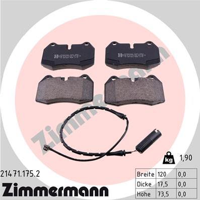 Zimmermann 21471.175.2 - Комплект спирачно феродо, дискови спирачки vvparts.bg