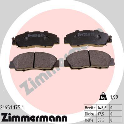 Zimmermann 21651.175.1 - Комплект спирачно феродо, дискови спирачки vvparts.bg