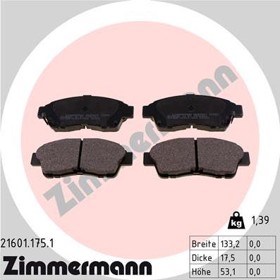 Zimmermann 21601.175.1 - Комплект спирачно феродо, дискови спирачки vvparts.bg