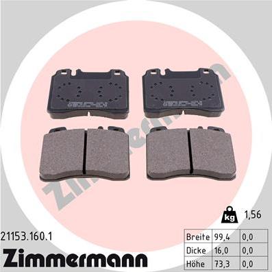 Zimmermann 21153.160.1 - Комплект спирачно феродо, дискови спирачки vvparts.bg