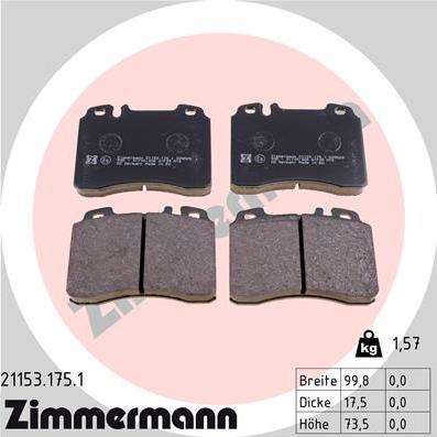 Zimmermann 21153.175.1 - Комплект спирачно феродо, дискови спирачки vvparts.bg