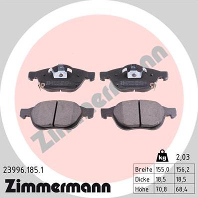 Zimmermann 23996.185.1 - Комплект спирачно феродо, дискови спирачки vvparts.bg