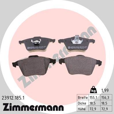 Zimmermann 23912.185.1 - Комплект спирачно феродо, дискови спирачки vvparts.bg