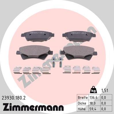 Zimmermann 23930.180.2 - Комплект спирачно феродо, дискови спирачки vvparts.bg