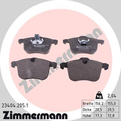 Zimmermann 23404.205.1 - Комплект спирачно феродо, дискови спирачки vvparts.bg