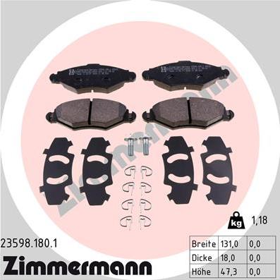 Zimmermann 23598.180.1 - Комплект спирачно феродо, дискови спирачки vvparts.bg