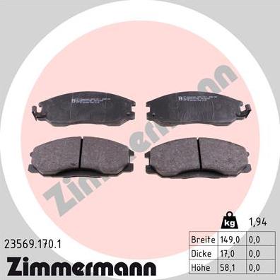 Zimmermann 23569.170.1 - Комплект спирачно феродо, дискови спирачки vvparts.bg