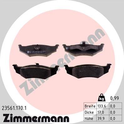 Zimmermann 23561.170.1 - Комплект спирачно феродо, дискови спирачки vvparts.bg