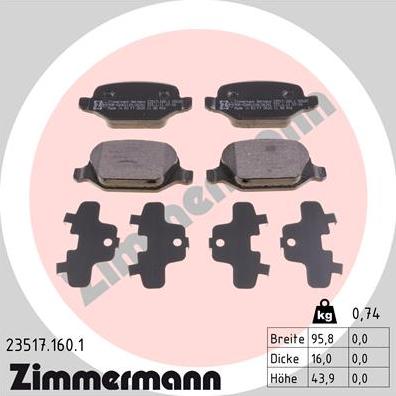 Zimmermann 23517.160.1 - Комплект спирачно феродо, дискови спирачки vvparts.bg