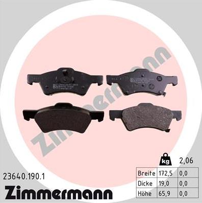 Zimmermann 23640.190.1 - Комплект спирачно феродо, дискови спирачки vvparts.bg